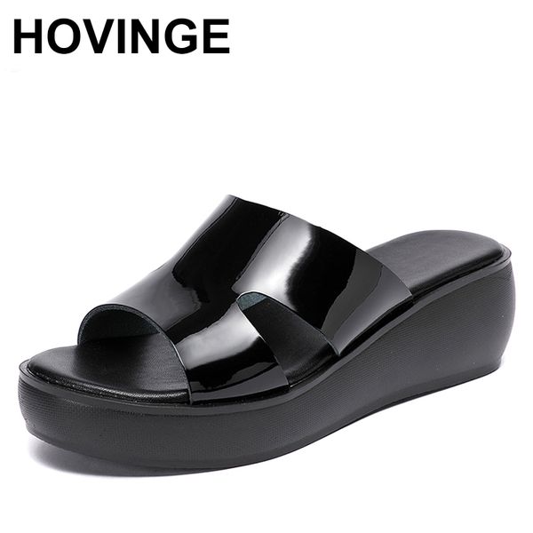 

hovinge 2020 fashion high heel slippers women summer shoes genuine leather platform sandals ladies wedge sandals thongs, Black