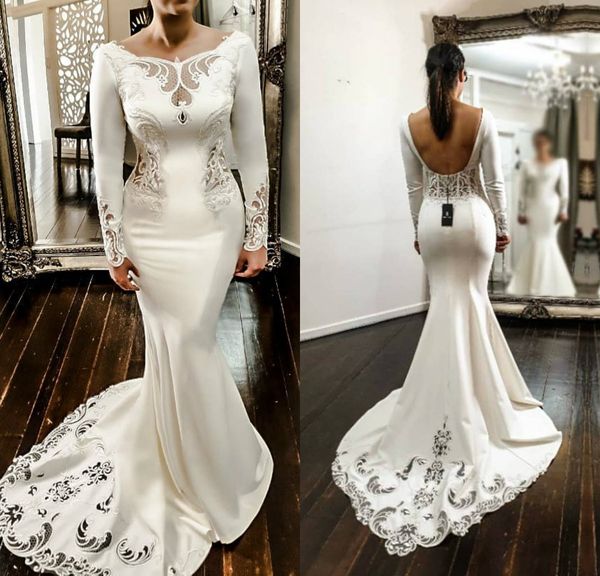 

2019 mermaid wedding dresses bridal gowns lace appliques jewel neck long sleeve modest wedding dress sweep train country vestidos de novia, White