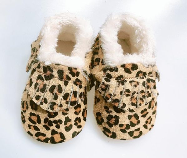 

winter leopard genuine leather newnorn baby boy girl moccasins with plush infant toddler shoes fringe hard soled non-slip shoes
