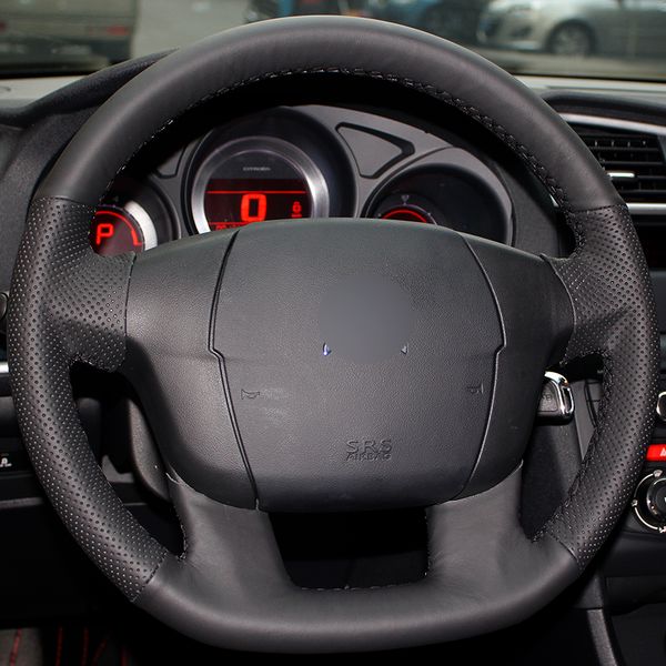 

black natural leather car steering wheel cover for citroen c4 c4l
