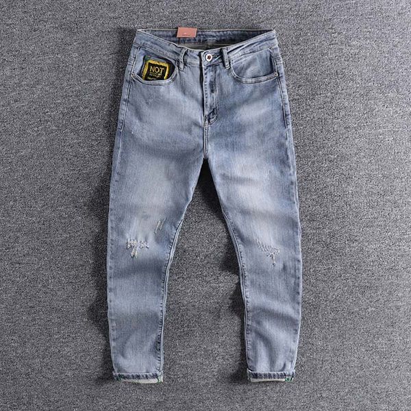 

2020 pocket color contrast slim legged pants fashion brand personalized cat whisker hole jeans men's nine point harlem 0314, Blue