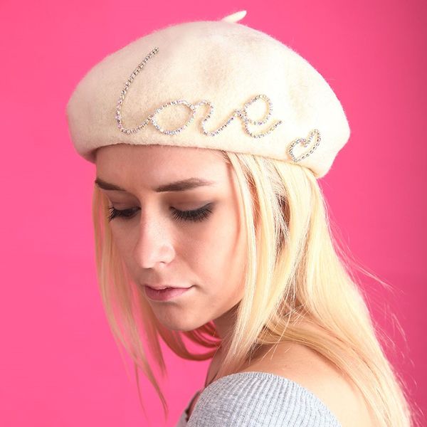 

берет шляпы для женщин 100% чистая шерсть кашемир высокое качество циркон любовь берет девушка осень теплые шляпы модные аксессуары поставки, Blue;gray