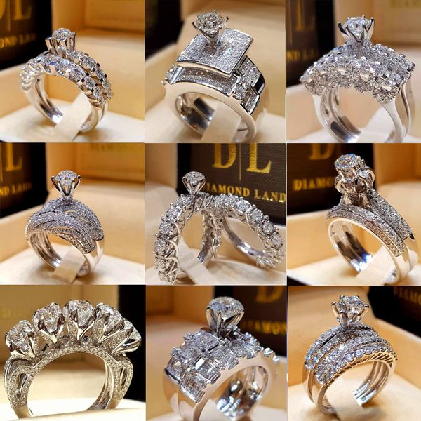 

multi-style counterfeit diamonds crystal white ring set 925 silver engagement ring vintage bridal rings for women, Golden;silver