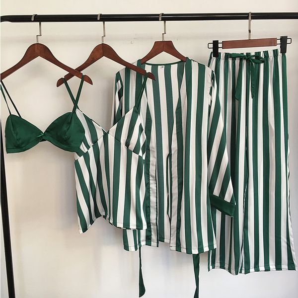 

women satin pyjamas silk pajamas striped sleepwear for womenhome suit green bathrobe strap pijama with chest pads sleep lounge, Blue;gray