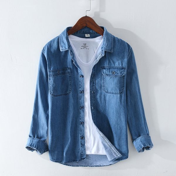 

fashion mens denim shirt long sleeve plus size 100%cotton jeans casual slim fit shirts men two-pocket clothing y2414, White;black