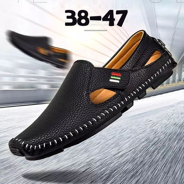 

sycatree summer men's casual shoes male plus size 46 47 men breathable slip on leather loafers casual lace up shoes, Black
