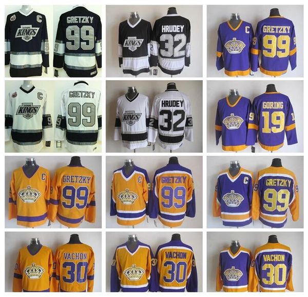 

los angeles kings 99 wayne gretzky jersey 30 rogatien vachon 19 butch goring 32 kelly hrudey vintage hockey jerseys ccm, Black;red