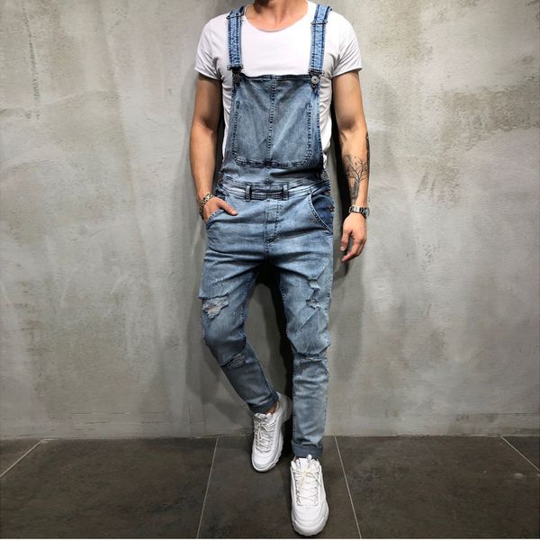 

men's jeans 2021 fashion mens ripped jumpsuits street distressed hole denim bib overalls for man suspender pants size s-xxxl, Blue