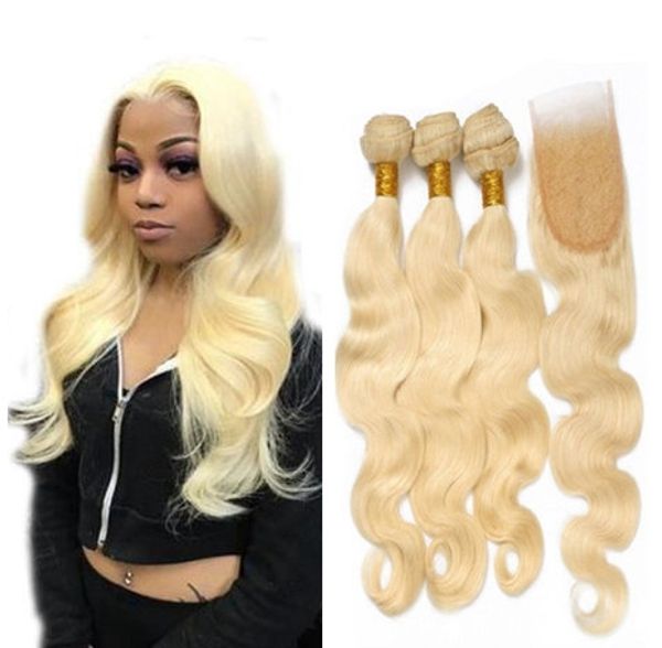 

бразильский девы волос blonde body wave с closure с ребенком волос 9а 613 blond волос 3 связки с 4x4 lace closure, Black;brown