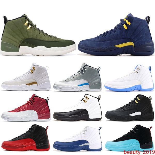 

2019 men 12 12s basketball shoes french blue white black dark wolf grey flu game taxi the master gym red sneakers size 8-13