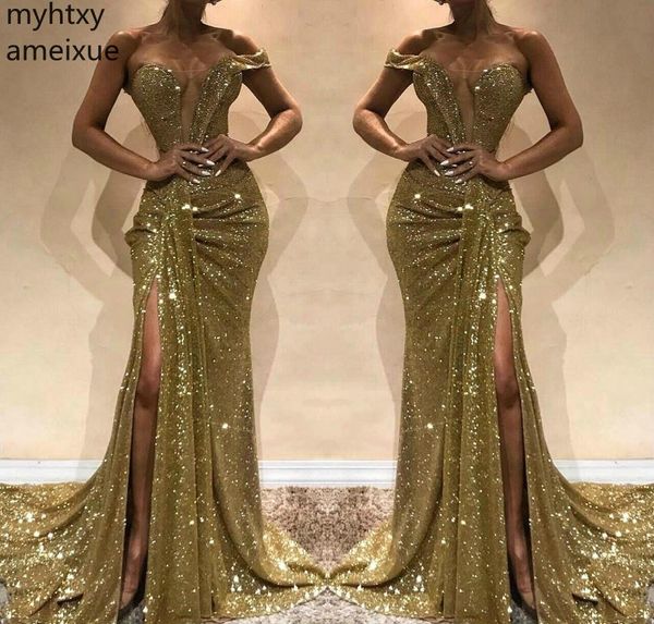 

2019 новое прибытие формальные золотые сексуальные вечерние платья на заказ плюс размер с плеча развертки русалка без рукавов длиной до пола, White;black