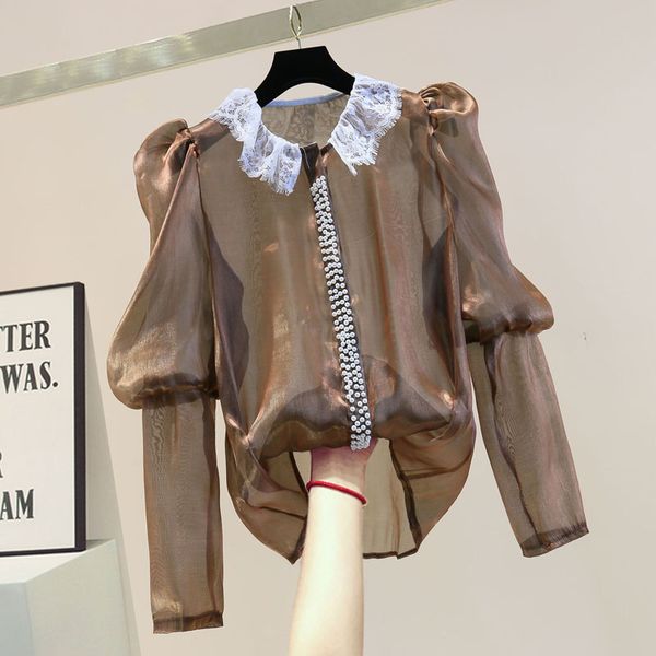 

perspective chiffon shirt for women loose thin temperament beaded lantern sleeve blouse blusas mujer de moda 2020, White