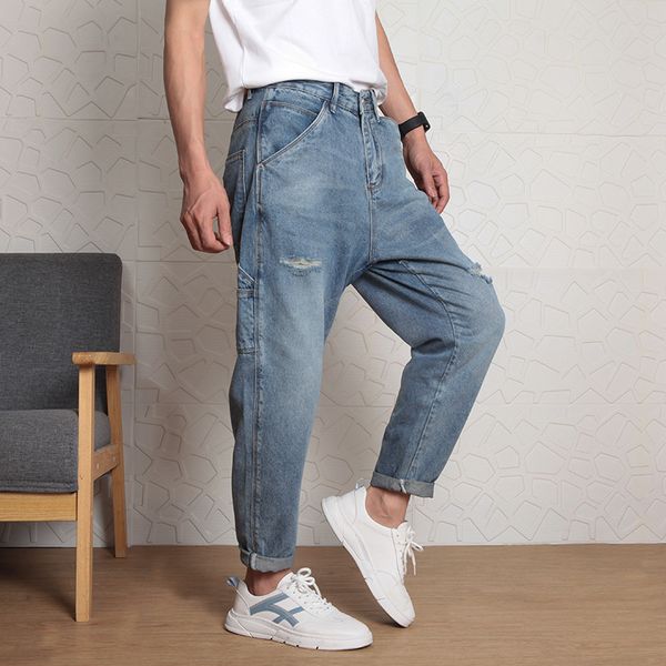 

mens designer fashion wide leg washed hole jeans men, Blue