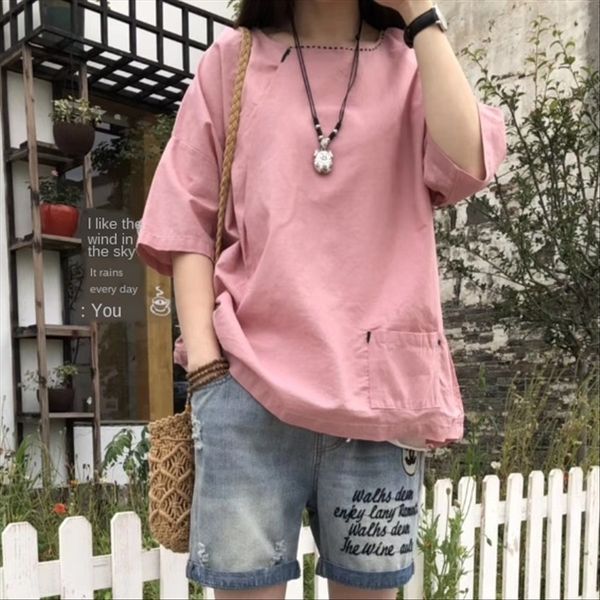 

2019 artistic hand stitch t-shirt embroidered cotton and linen embroidery round collar short sleeve cotton linen women's loose t-shirt, White