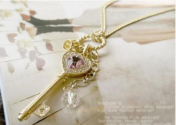 

2019 мода горячие продажи новый винтаж золото серебро кристалл сердце кулон ключ форма ожерелья женские украшения, Silver