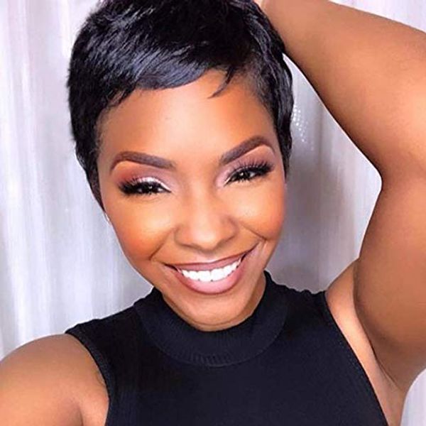 

100% human hair short pixie cut wigs brazilian hair wig with bangs for women natural black color none lace frontwig, Black;brown