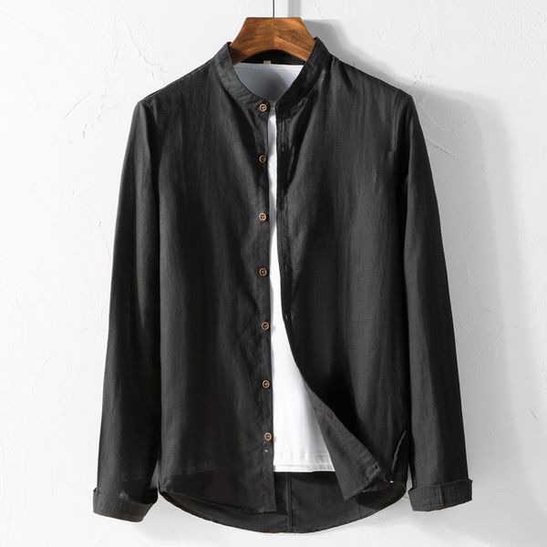 

stand collar cotton and linen black shirt men brand long-sleeved casual shirts for men autumn and spring shirt mens chemise, White;black
