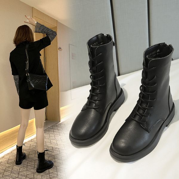 

lace up women's rubber boots fashion womens shoes 2019 round toe leather booties low heels booties zipper boots-women rain punk, Black