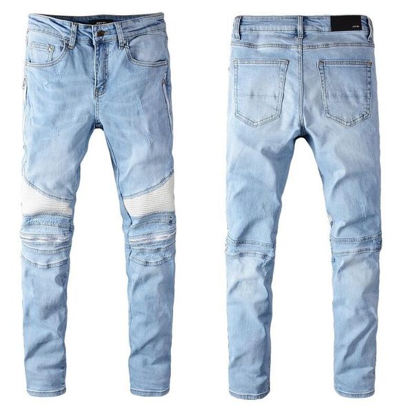 

2020 mens distressed ripped biker jeans slim fit motorcycle biker denim for men fashion designer hip hop mens jeans good quality @02, Blue