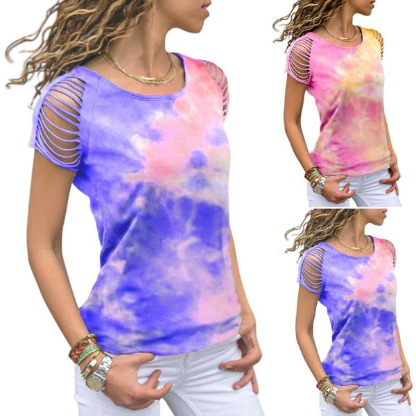 

women fashion tie-dye t-shirt short sleeve o-neck hollow slim casual, White