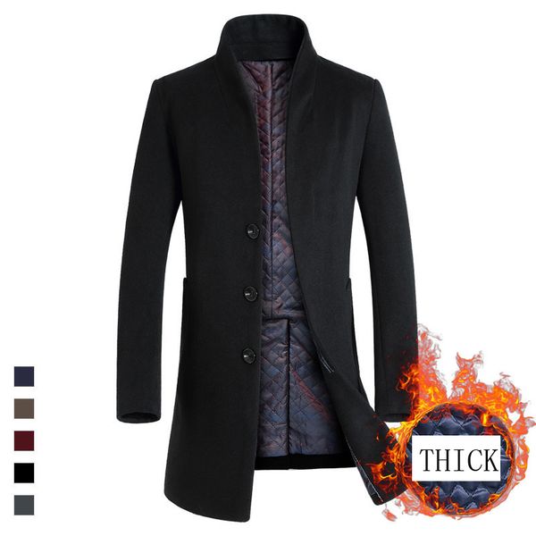 

autumn winter men wool coats jackets thickening single breasted stand collar cashmere coats trench casual male kem106, Black