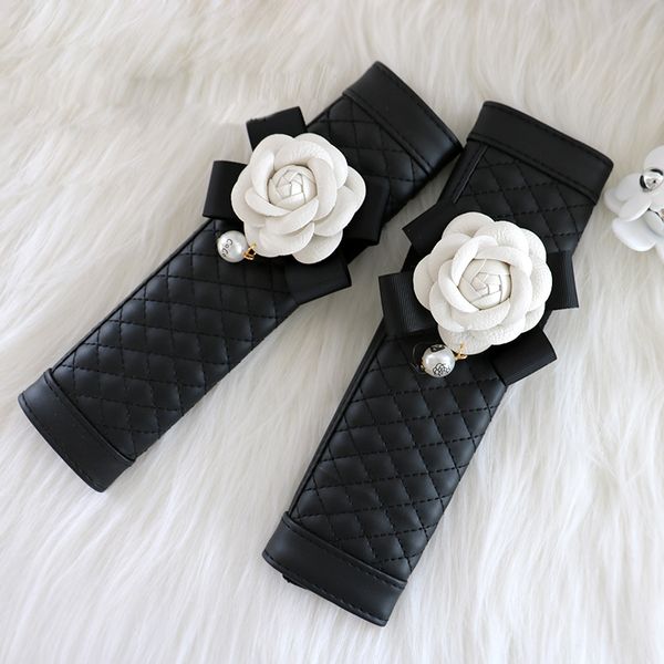 

2pcs camellia flower car safety seat belt cover pu leather shoulder pad car styling seatbelt cover accessories for women