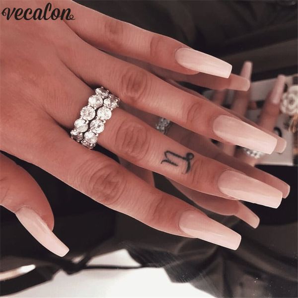 Vecalon Eternity Wedding Band Promise Ring 925 Silver Sterling Diamond Engagement anéis de noivado para mulheres Jóias de dedo de noiva