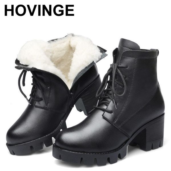 

hovinge fashion black winter snow boots women platform high heels genuine cow leather thick wool fur warm women ankle boots
