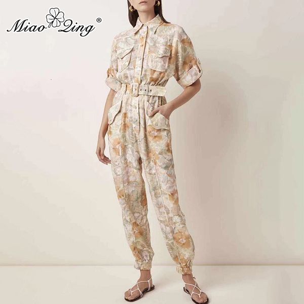 

miaoqing casual print hit color jumpsuits for female lapel collar short sleeve high waist with sashes jumpsuit women fashion, Black;white