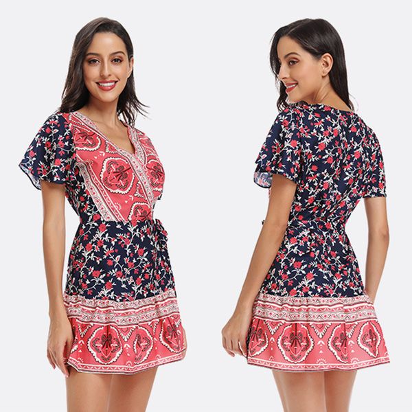 

slim fit casual women dress mini beach short sleeves big swing fashion summer simple travel printing deep v-neck, Blue;gray