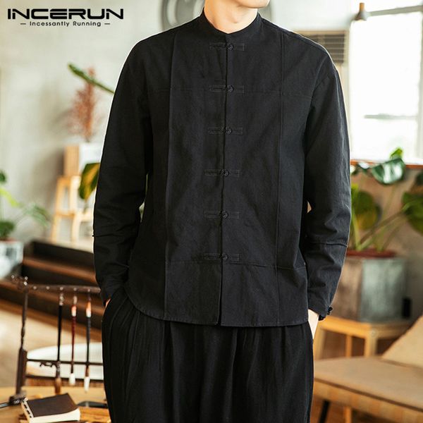 

incerun chinese style men solid color long sleeve collar shirt fashion joker buckle retro casual cotton mens blouse streetwear, White;black