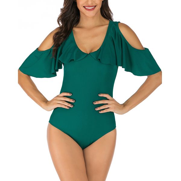 

one piece swimsuit for women solid color beachwear u neck ruffle edge bathing suit backless summer swimwear, White;black