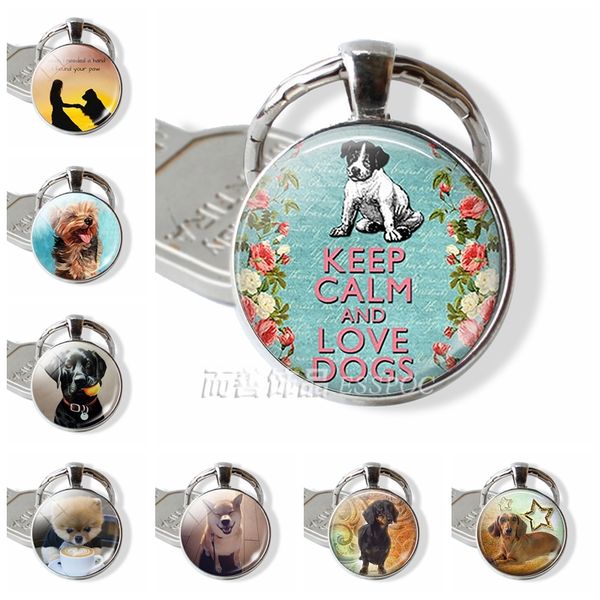 

keep calm and love dog accessories pendant glass cabochon dome key chain ring keyfob bulldog husky dachshund dog fashion gift, Silver