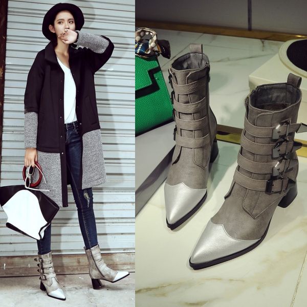 

2018 mixed colors buckle with pointed toe fashion boots mid-calf hoof heels zapatos mujer size 8.5 women's shoes, Black