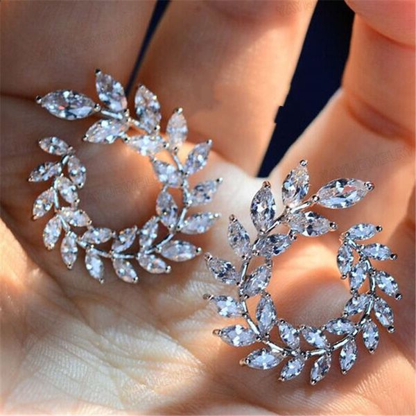 

new design sparkly olive branch leaf shape marquise cut big cubic zirconia stud earrings for women fine 925 silver jewelry, Golden;silver