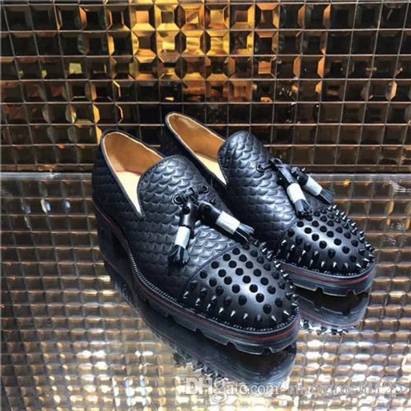 

drop shippingdesigner men spikes toe genuine leather with tassel loafers red bottom oxfords fashion business dress flats bottom tire shoes, Black