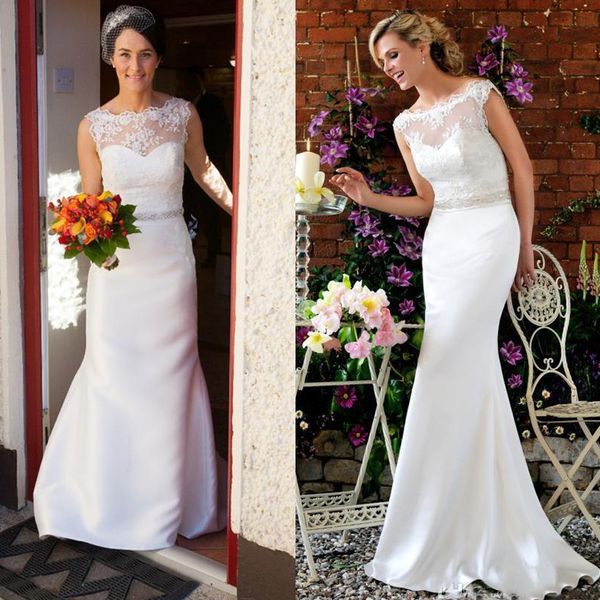 

stunning mermaid wedding dress lace appliques jewel wedding dresses sweep train beading sash bridal gowns custom made, White