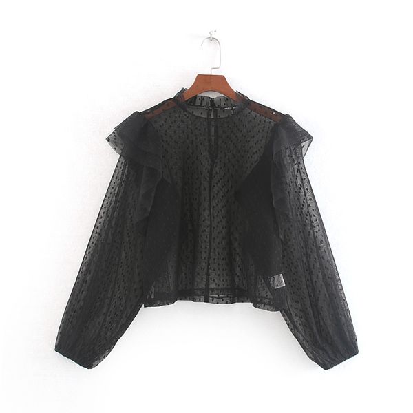 

see through black блузка рубашка лето 2019 новая мода прозрачный mesh оборками топы sexy шнурка женщин рубашки сыпучие блузы, White