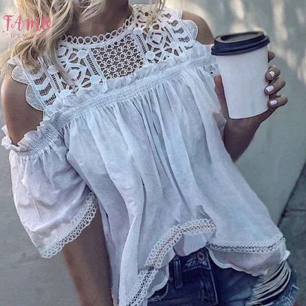 

2020 hollow out blouse off shoulder lace ruffle solid color short sleeve women blusas femininas clothing, White