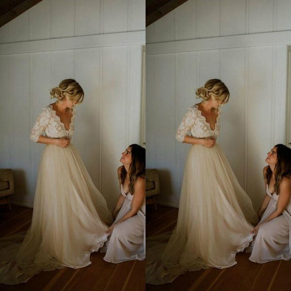 

custom champagn lace wedding dresses 3/4 long sleeve illusion bodice v neck tulle a line garden outdoor wedding bridal gowns m64, White