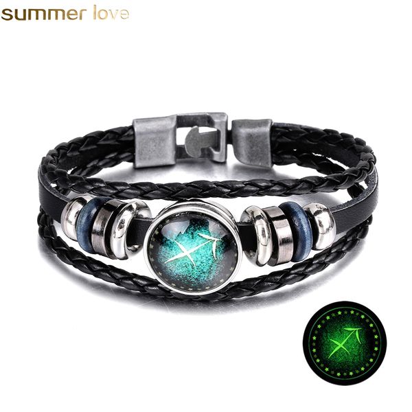 

12 constellations multi-layer luminous bracelet fashion diy handmade woven pu leather glass buckle zodiac beaded bracelet lovers gifts jewel, Golden;silver