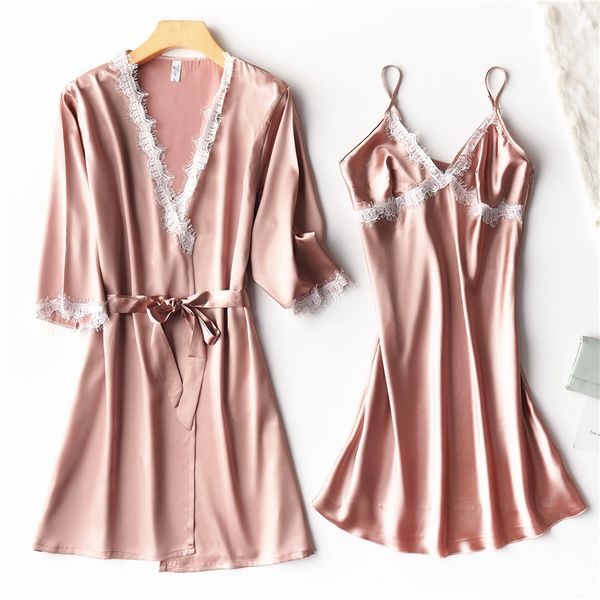 

pink lace nighty&robe suit women 2pcs sleepwear satin twinset robe set silky bride bridesmaid wedding robe homewear, Black;red
