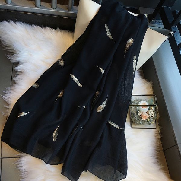 

women scarves gold embroidery feather cotton scarf ladies elegant spring summer travel shawl air conditioning black scarf, Blue;gray