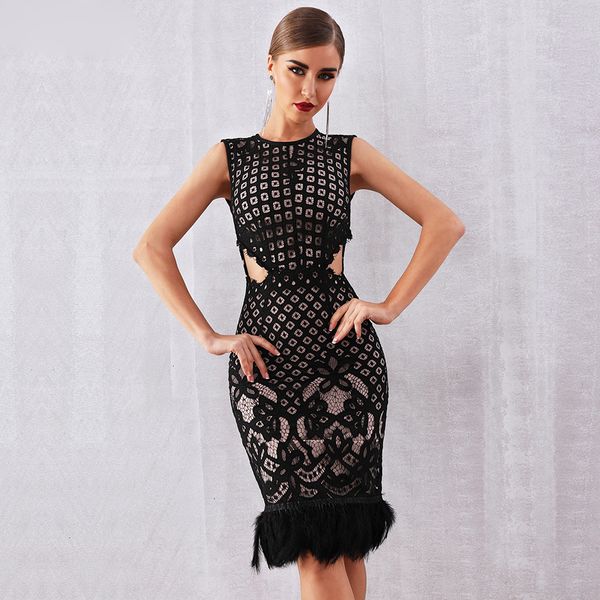 

summer dresses bodycon dress 2019 new summer bandage dress women elegant black sleeveless feather bodycon lace dress party dresses, Black;gray