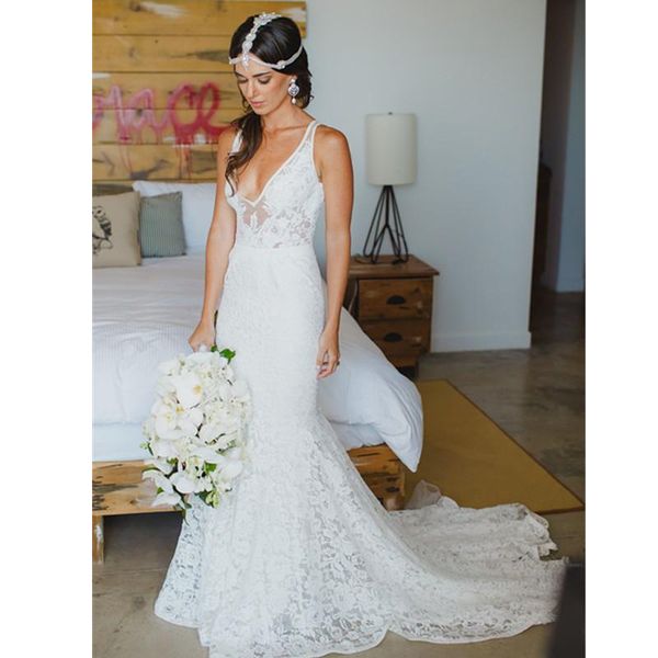 

amazing deep v-neck sleeveless mermaid lace summer beach wedding dress bohemian open back boho bridal dresses, White