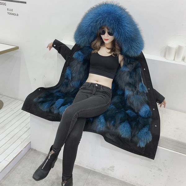 

2019 new fashion real fur coat winter jacket women long parka natural raccoon fur collar fox lining thick warm streetwear, Black