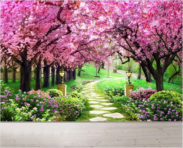 

3d landscapes wall custom murals cherry blossom forest garden path landscape background wall 3d mural on the wall