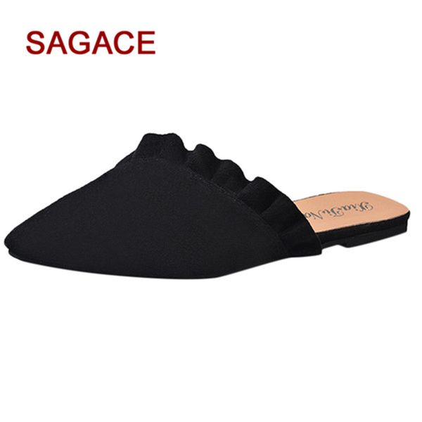 

slippers sagace shoes women's flats pointed toe single women summer slip on ladies fashion slipper, Black