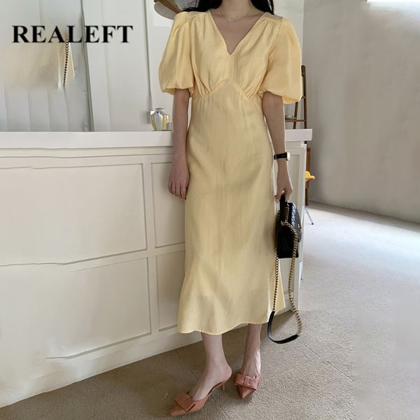 

casual dresses realeft summer 2021 elegant a-line women long dress chic lantern sleeve v-neck lapel mid-calf loose female, Black;gray