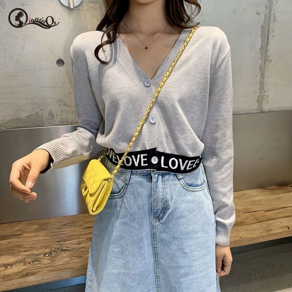 

2019 sweater women solid color v neck letter print short knit cardigan spring autumn long sleeve botton casual warm sweater, White